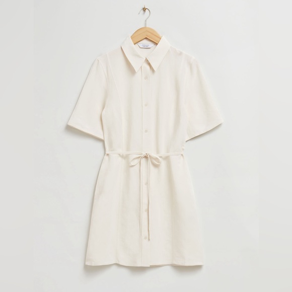 🔥🔥🔥NEW & Other Stories Linen Blended Tie Waist Button Down Mini Shirt Dress - Picture 1 of 14